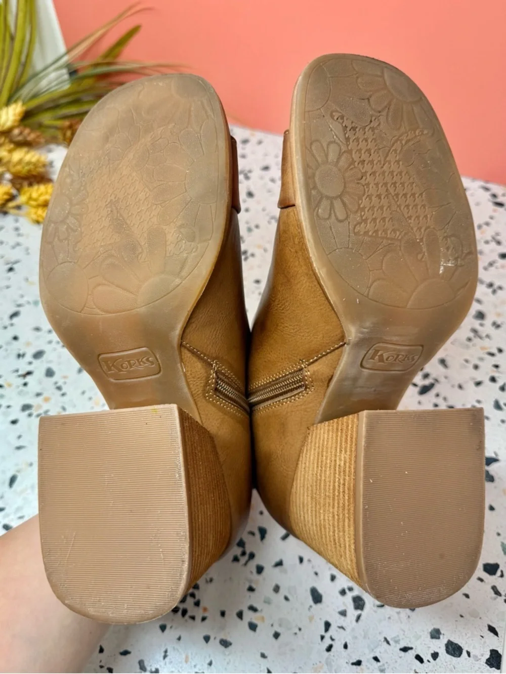 Kork-Ease Panela Tan Cognac Chunky Heel Peep Toe Women’s Booties Sz 10
